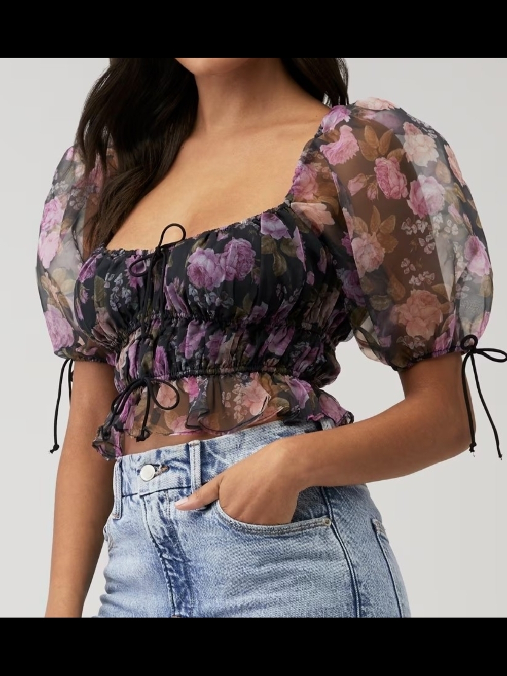 For Love and Lemons SUNSHINE Floral Puff-Sleeve Sheer Crop Black/Magenta/mauve